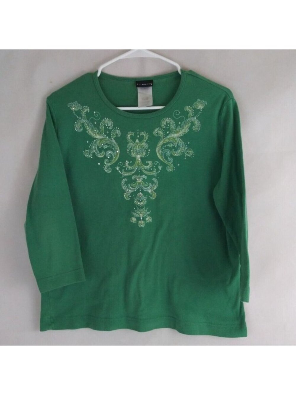 Trilllogy Women's Green Embroidered Beaded Shirt Size Large
